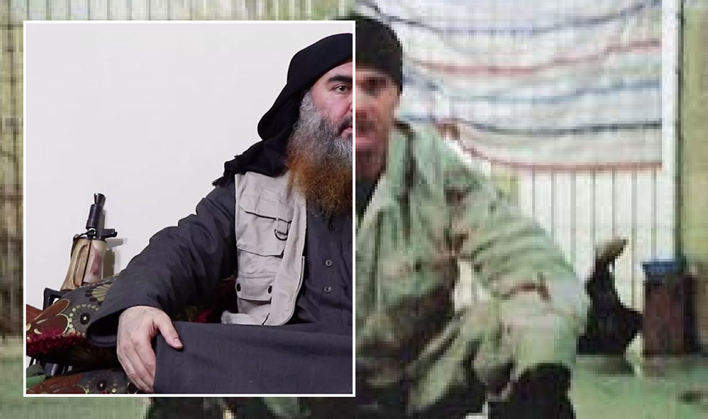 Video stills (cropped) of Abu Bakr al-Bagdhadi and of a soldier torturing a prisoner at Abu Ghraib