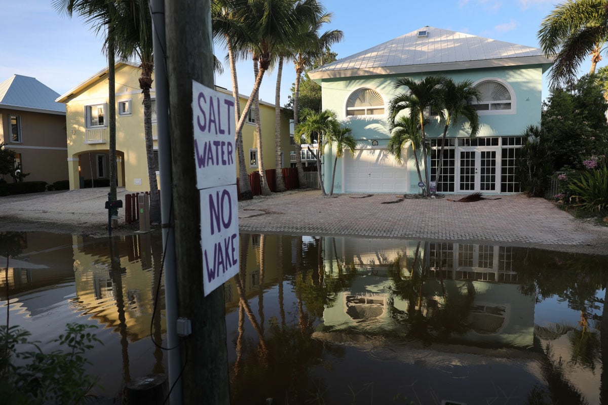 Two colorful homes stand on a flooded street