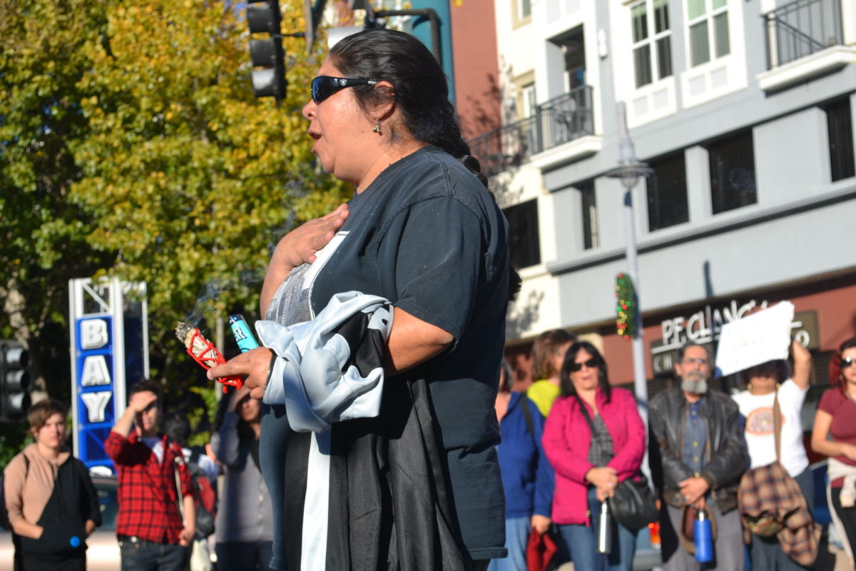 Corrina Gould speaks at a protest in Emeryville, November 2012.