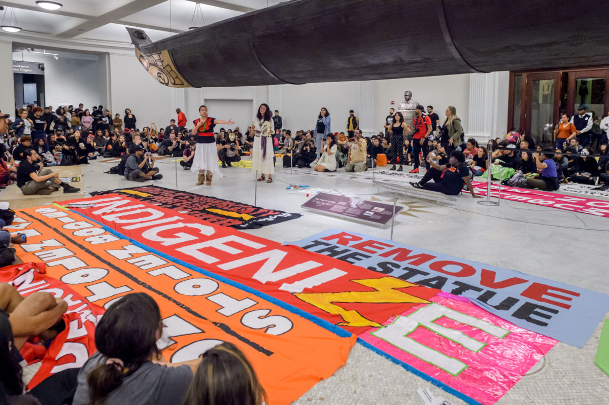 Activists from New Yorks Indigenous and Black communities, along with decolonial advocates, led the 3rd annual Anti-Columbus Day Tour at the American Museum of Natural History, on October 8, 2018.