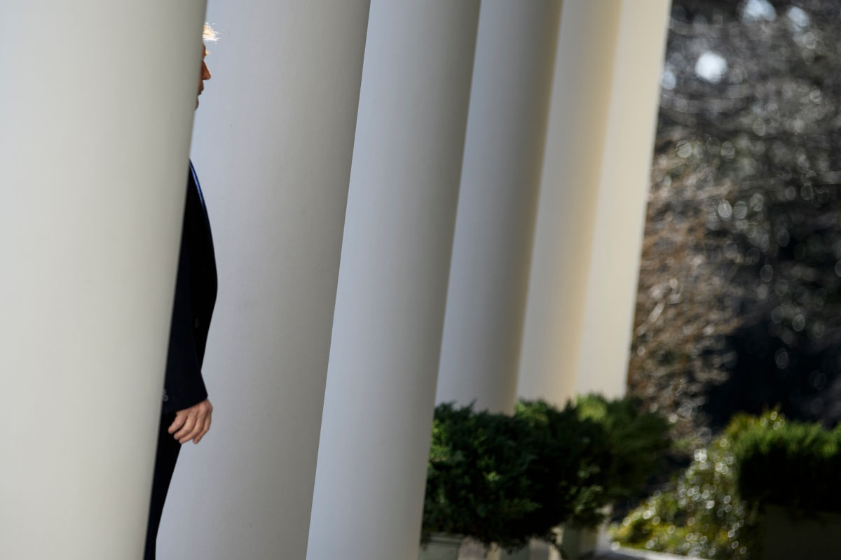 President Trump leaves after speaking from the Rose Garden of the White House, February 15, 2019, in Washington, D.C.