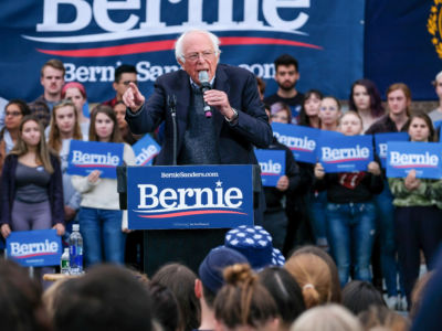 Vermont senator and presidential candidate Bernie Sanders campaigns at the University of New Hampshire in Durham.