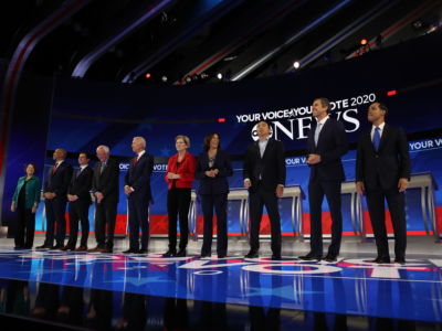 Democratic presidential candidates appear on stage before the start of the Democratic Presidential Debate on September 12, 2019, in Houston, Texas.