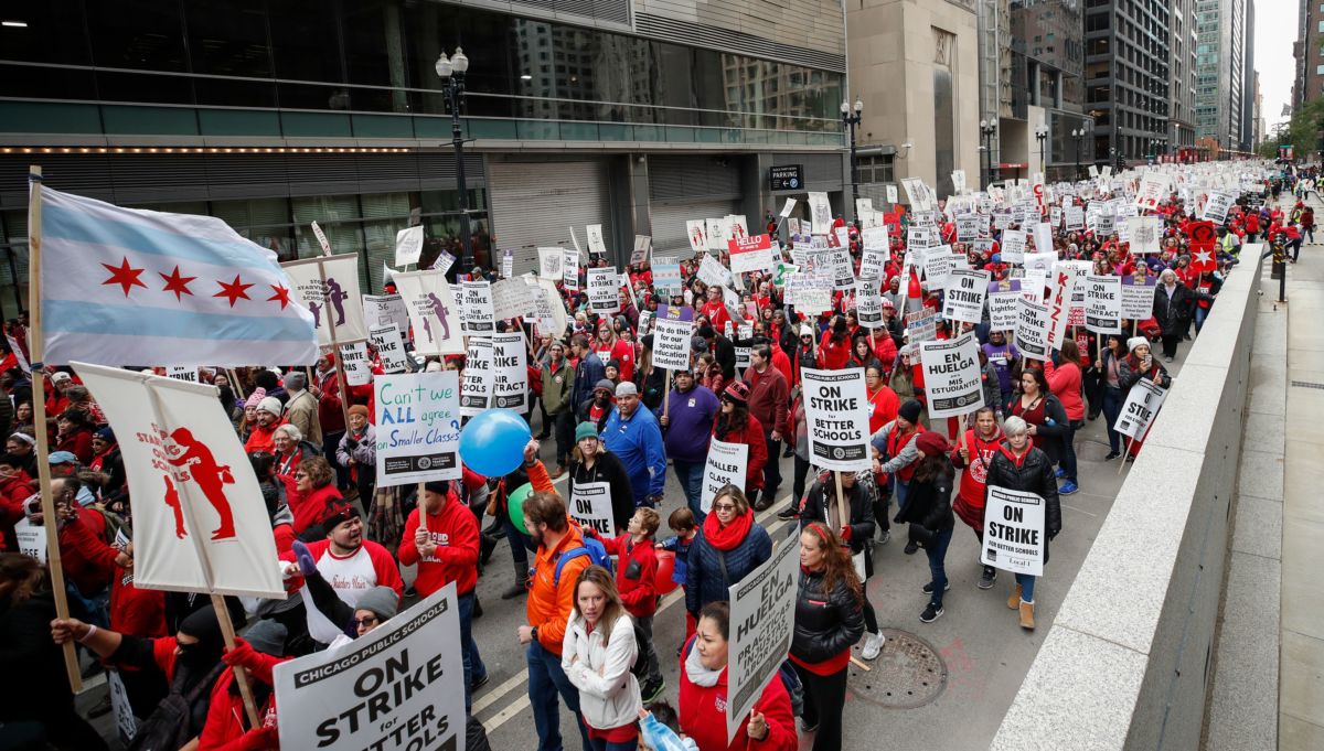 Teachers and supporters gather for a rally on the first day of strike by the Chicago Teachers Union on October 17, 2019, in Chicago, Illinois.