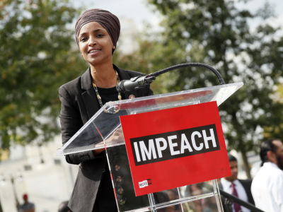 Rep. Ilhan Omar speaks at the “Impeachment Now!” rally in support of an immediate inquiry toward articles of impeachment against President Trump on September 26, 2019, on the grounds of the U.S. Capitol in Washington, D.C.