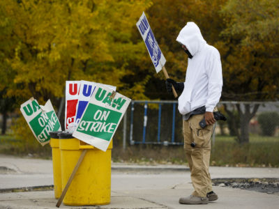 United Auto Workers union member Brian Farr of Detroit, Michigan, is the lone picketer at the General Motors Warren Transmission plant on October 25, 2019, in Warren, Michigan. The longest UAW national strike since 1970 came to an end later that day.