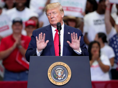 Donald Trump speaks during a "Keep America Great" Campaign Rally at American Airlines Center on October 17, 2019 in Dallas, Texas.