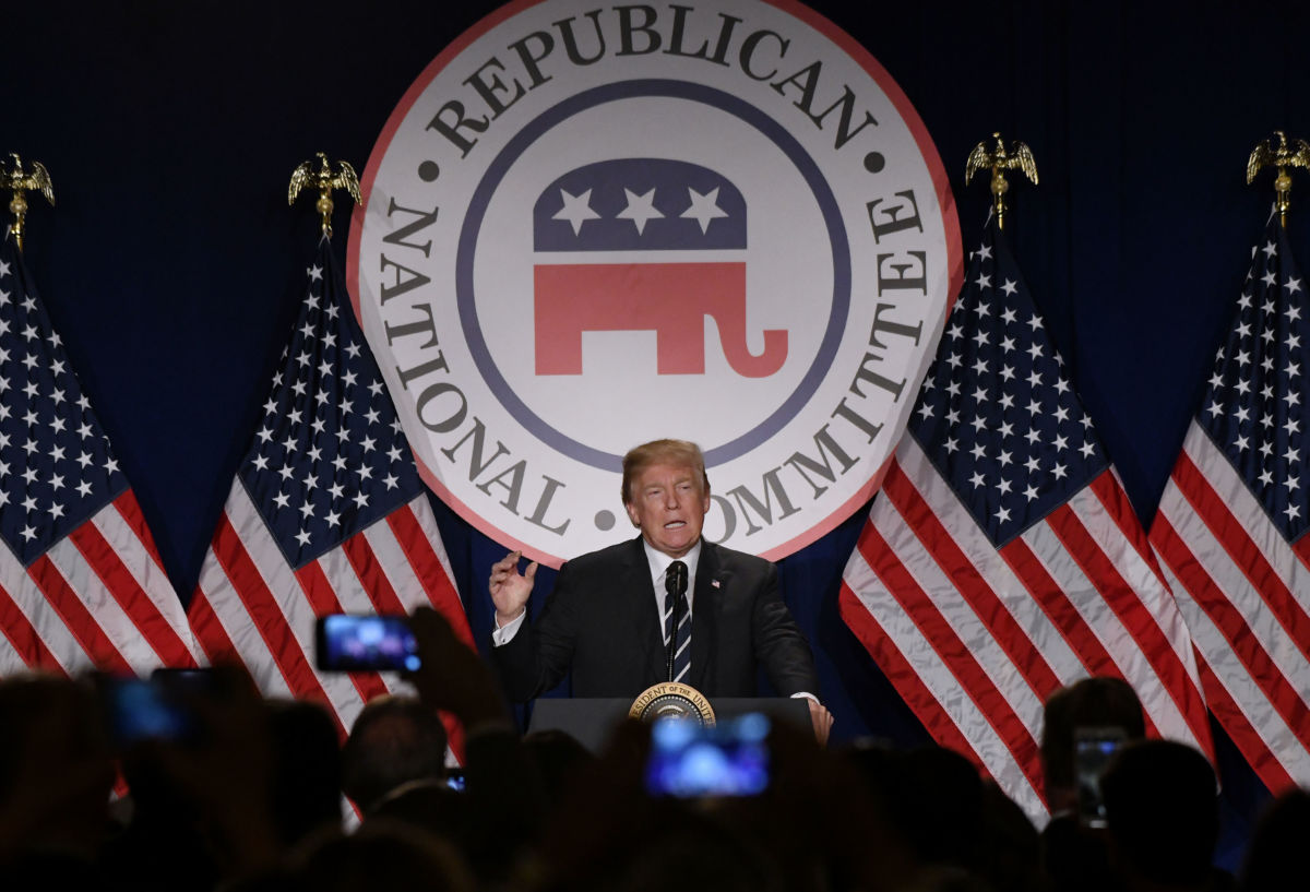 Donald Trump speaks at the Republican National Committee winter meeting at the Trump International Hotel on February 1, 2018, in Washington, D.C.