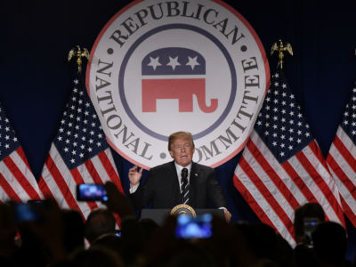 Donald Trump speaks at the Republican National Committee winter meeting at the Trump International Hotel on February 1, 2018, in Washington, D.C.