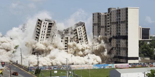 Las Gladiolas is imploded with dynamite on July 25, 2011.