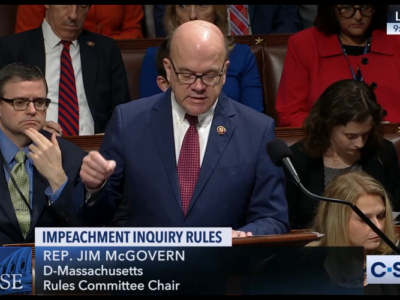 Rep. Jim McGovern, chair of the House Rules Committee, delivers remarks during Thursday's floor debate on the Trump impeachment inquiry resolution.