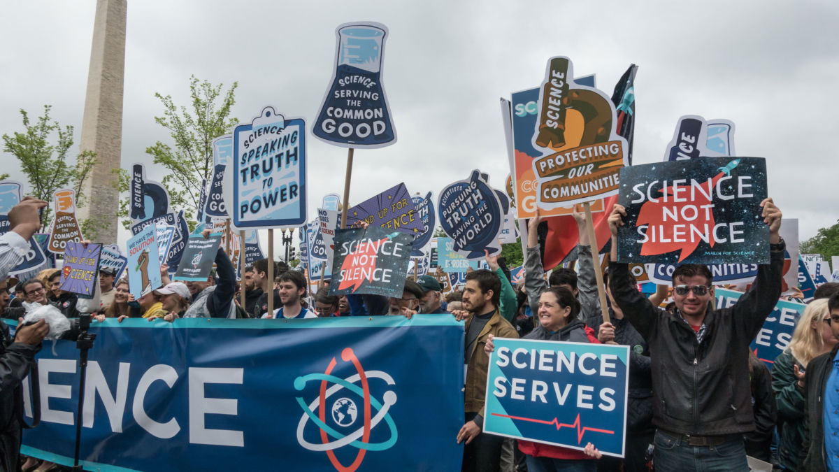 Participants in the March for Science demonstrate on Constitution Ave. in Washington, D.C., April 22, 2017.