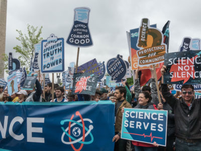 Participants in the March for Science demonstrate on Constitution Ave. in Washington, D.C., April 22, 2017.