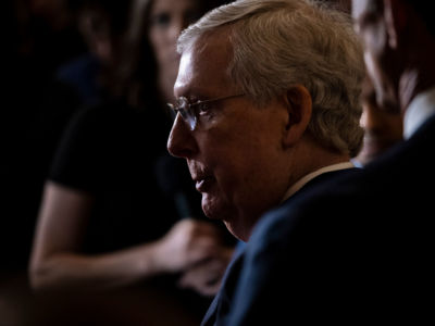 Senate Majority Leader Mitch McConnell speaks to the media during a press conference on July 16, 2019, in Washington, D.C.