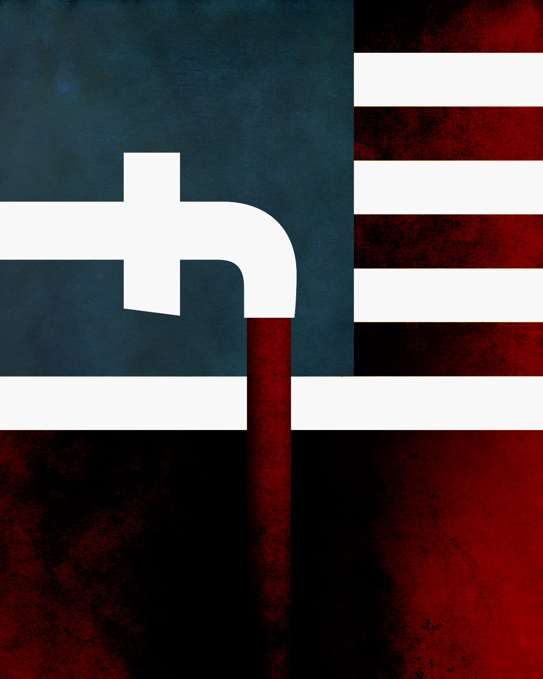 Facebook logo faucet pouring red into USA flag