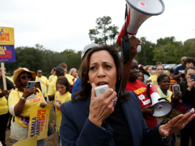 Sen. Kamala Harris addresses a group of her supporters after arriving at the Blue Jamboree on October 5, 2019, in North Charleston, South Carolina.