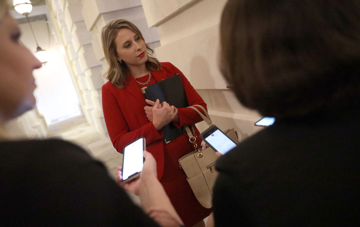 Rep. Katie Hill answers questions from reporters at the U.S. Capitol following her final speech on the floor of the House of Representatives, October 31, 2019, in Washington, D.C.