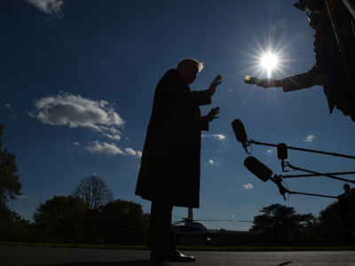 President Trump talks to media on the South Lawn upon his return to the White House by Marine One, in Washington, D.C, November 3, 2019.