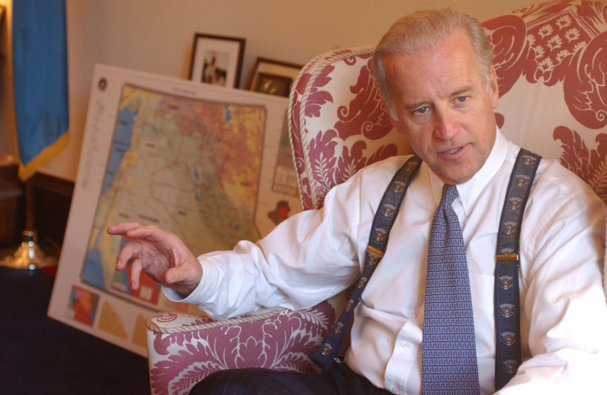 Sen. Joe Biden speaks during an interview in his office about the possibility of war with Iraq on February 5, 2003.