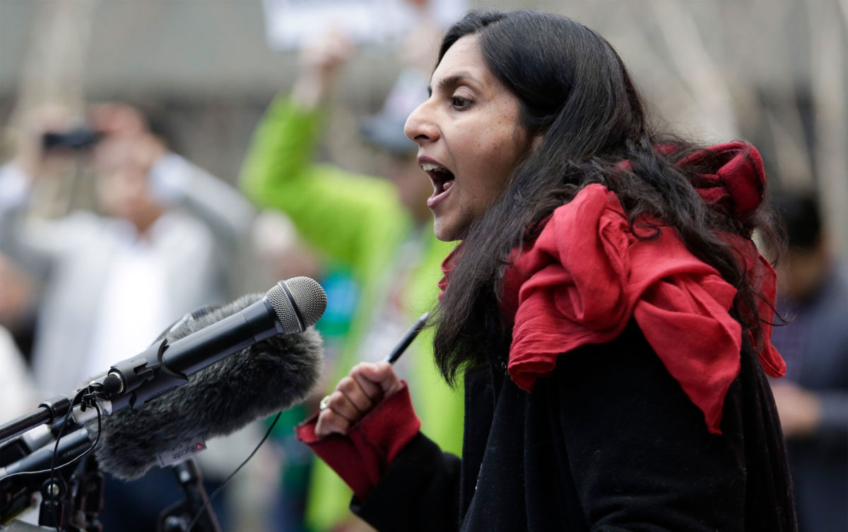 Seattle Councilmember Kshama Sawant speaks to protesters outside U.S. District Court in Seattle