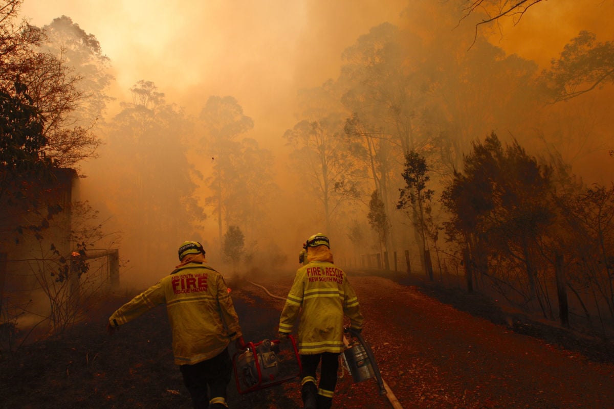 Firefighters try to save houses from an encroaching bushfire at Lakes Way in Australia