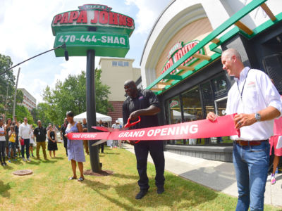 Atlanta Mayor Keisha Lance Bottoms, Shaquille O'Neal and Papa John's CEO Steve Ritchie attend Shaq's Papa John's Pizza Grand Opening on August 24, 2019, in Atlanta, Georgia.