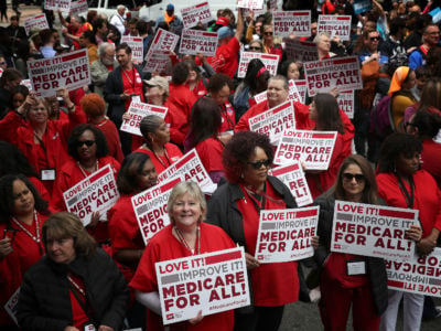 Protesters supporting Medicare for All hold a rally outside PhRMA headquarters, April 29, 2019, in Washington, D.C.