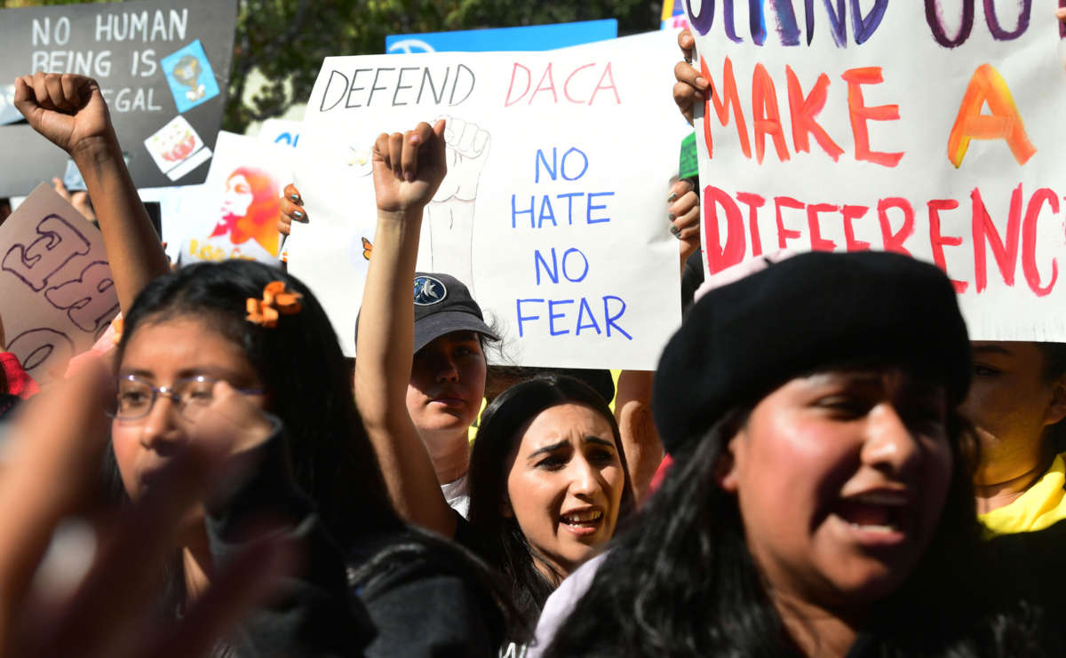 Students and supporters of DACA rally in downtown Los Angeles, California, on November 12, 2019.