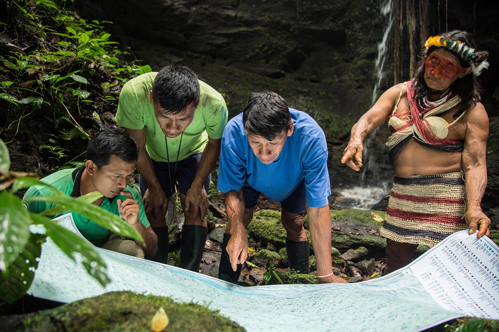 The Waorani communities' maps identify historic battle sites, ancient cave-carvings, jaguar trails, medicinal plants, animal reproductive zones, important fishing holes, creek-crossings and sacred waterfalls.