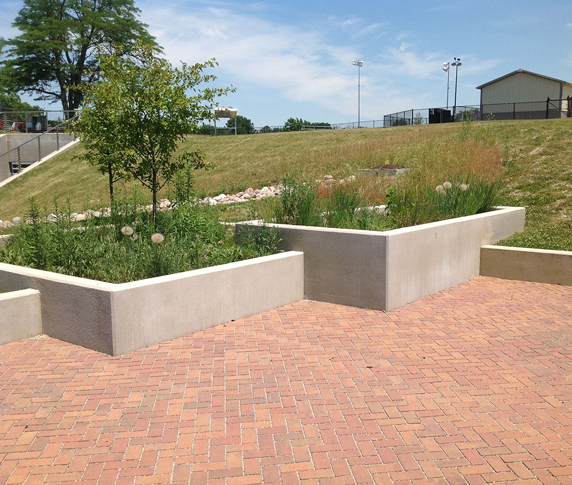 These rain gardens located in Durkees Run Stormwater Park in Lafayette, Indiana, absorb water when it runs off an adjacent high school football field. 