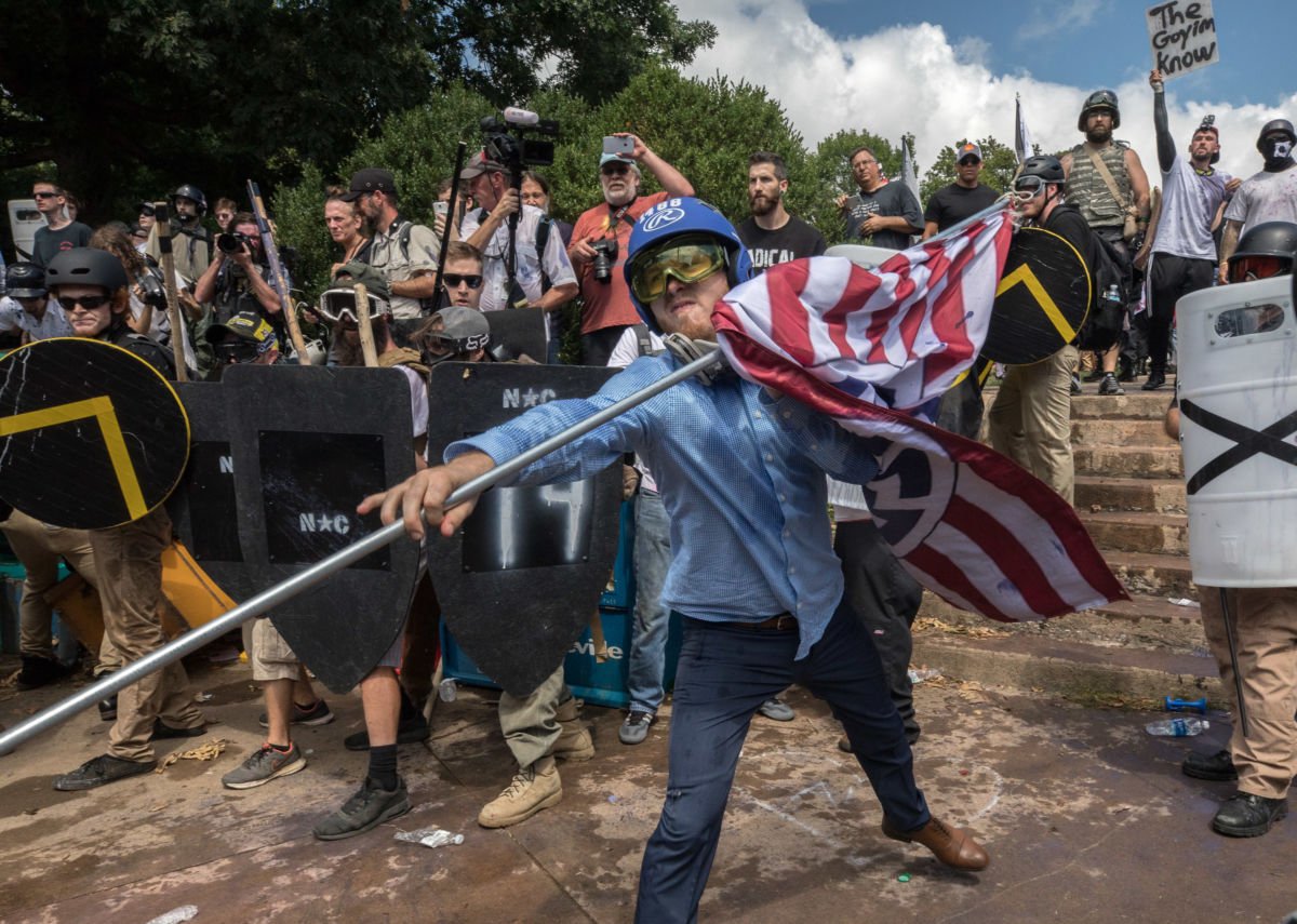 Clashes at the "Unite the Right" rally in Charlottesville, Virginia, on August 12, 2017. Patriot Front was formed in the aftermath.