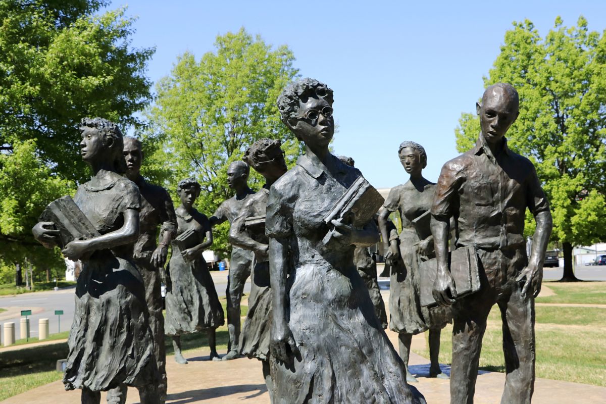 Civil rights memorial sculpture on Arkansas state capitol grounds in memory of the Little Rock Nine school children in 1957.