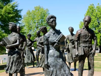 Civil rights memorial sculpture on Arkansas state capitol grounds in memory of the Little Rock Nine school children in 1957.