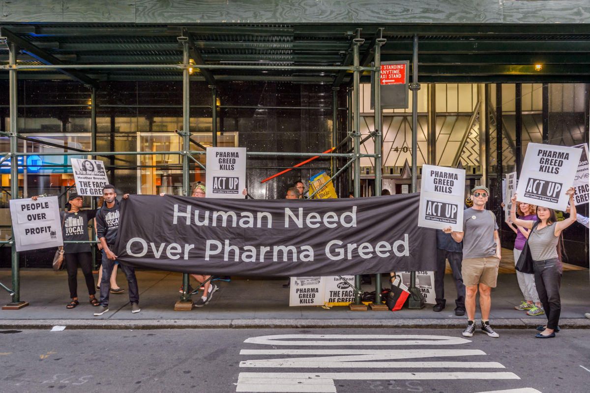 Activists protest the ongoing U.S. drug pricing crisis outside the New York City office of Mylan Pharmaceuticals in the Chrysler Building, September 14, 2016.