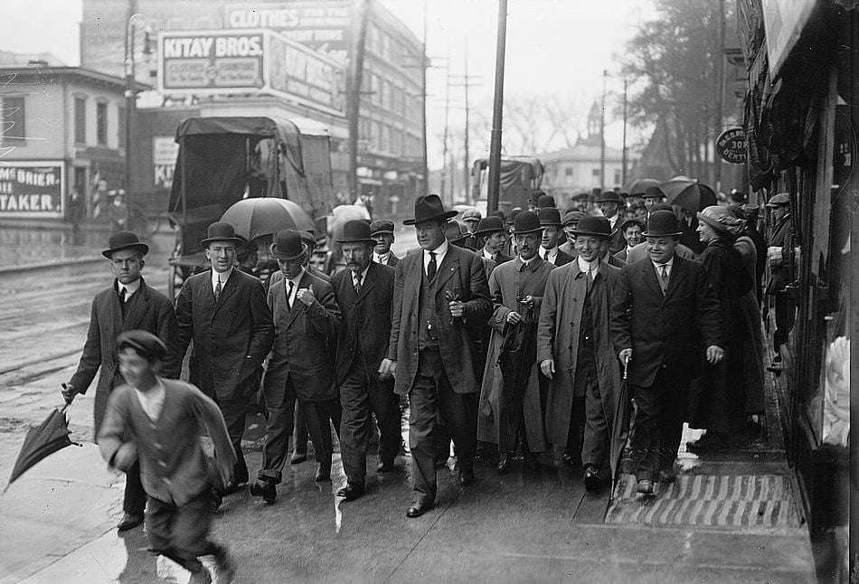 Industrial Workers of the World founder and leader William Dudley "Big Bill" Haywood and his entourage in Paterson during the silk strike.