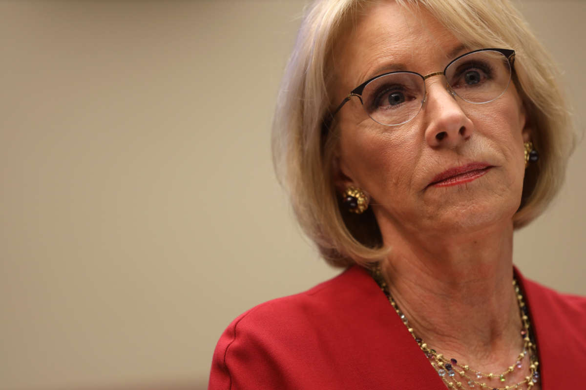 U.S. Secretary of Education Betsy DeVos testifies during a hearing before House Education and Labor Committee December 12, 2019, on Capitol Hill in Washington, D.C.