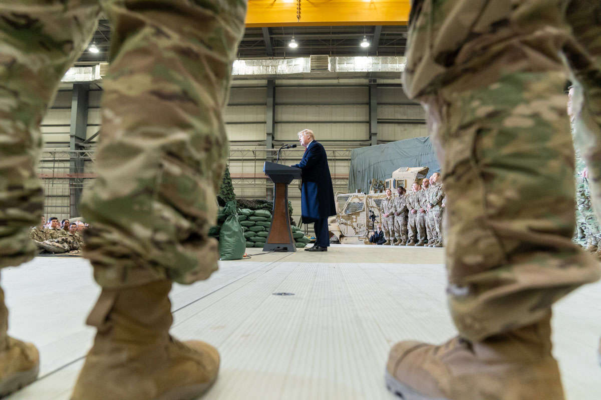 President Trump addresses U.S. troops on November 28, 2019, at Bagram Airfield, Afghanistan.