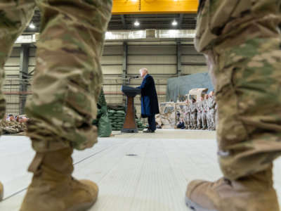 President Trump addresses U.S. troops on November 28, 2019, at Bagram Airfield, Afghanistan.