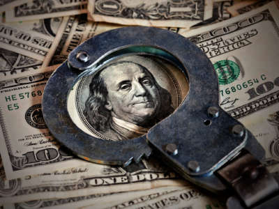 Handcuffs rest on a pile of $100 bills