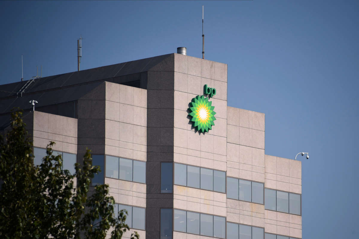 The British Petroleum logo is seen on a building