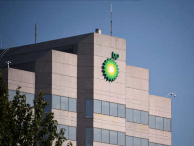 The British Petroleum logo is seen on a building
