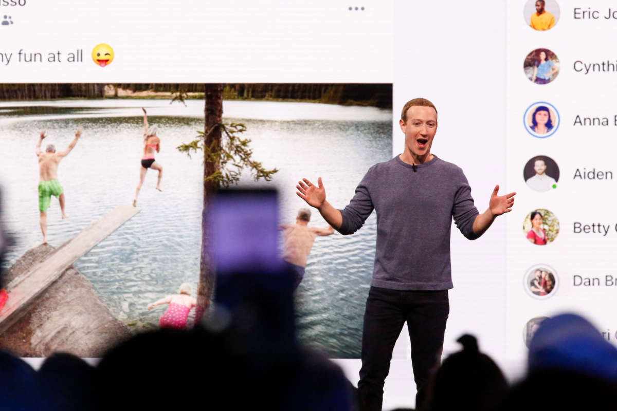 Facebook CEO Mark Zuckerberg delivers the opening keynote at the Facebook F8 Conference at McEnery Convention Center in San Jose, California, on April 30, 2019.