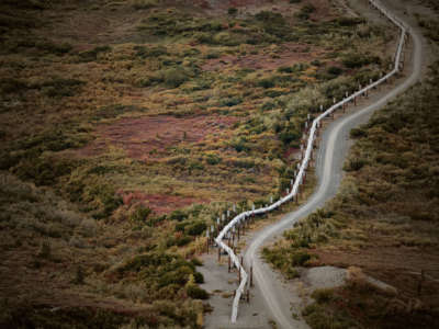 An oil pipeline stretches across a prairie