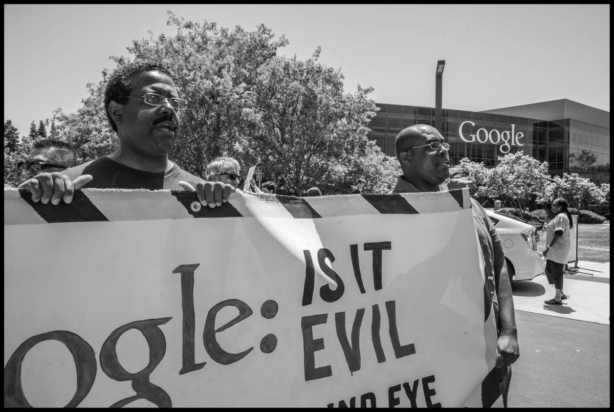 Security guards, employed by a contractor at the Google Mountain View campus, demonstrate for their right to have a union. Many Google workers supported their demonstrations.