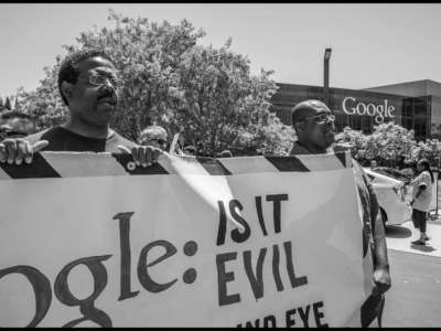 Security guards, employed by a contractor at the Google Mountain View campus, demonstrate for their right to have a union. Many Google workers supported their demonstrations.