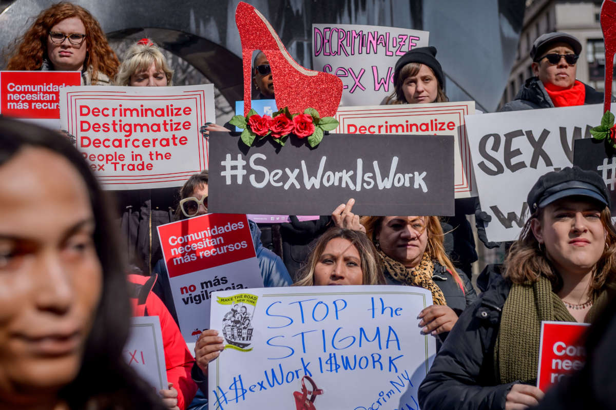 A coalition of activists in New York agitate for the decriminalization of the sex trade on February 25, 2019.