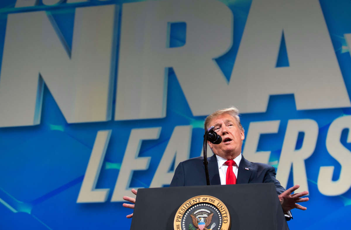 President Trump speaks during the National Rifle Association Annual Meeting on April 26, 2019, at Lucas Oil Stadium in Indianapolis, Indiana.