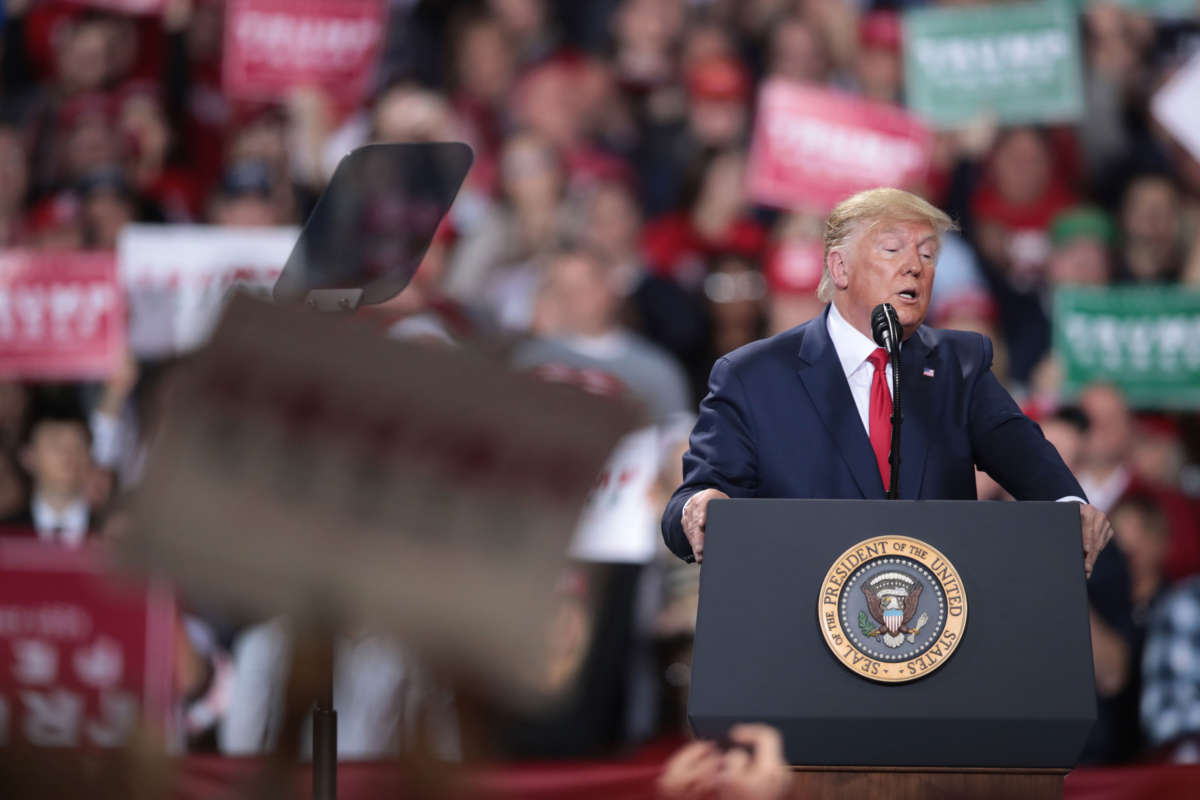 President Trump speaks on the night of his impeachment during a rally at the Kellogg Arena on December 18, 2019, in Battle Creek, Michigan.