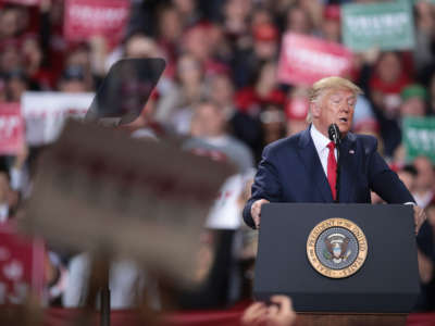 President Trump speaks on the night of his impeachment during a rally at the Kellogg Arena on December 18, 2019, in Battle Creek, Michigan.