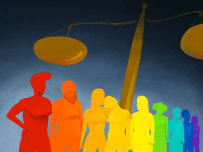 Rainbow colored people hold hands in front of a set of scales